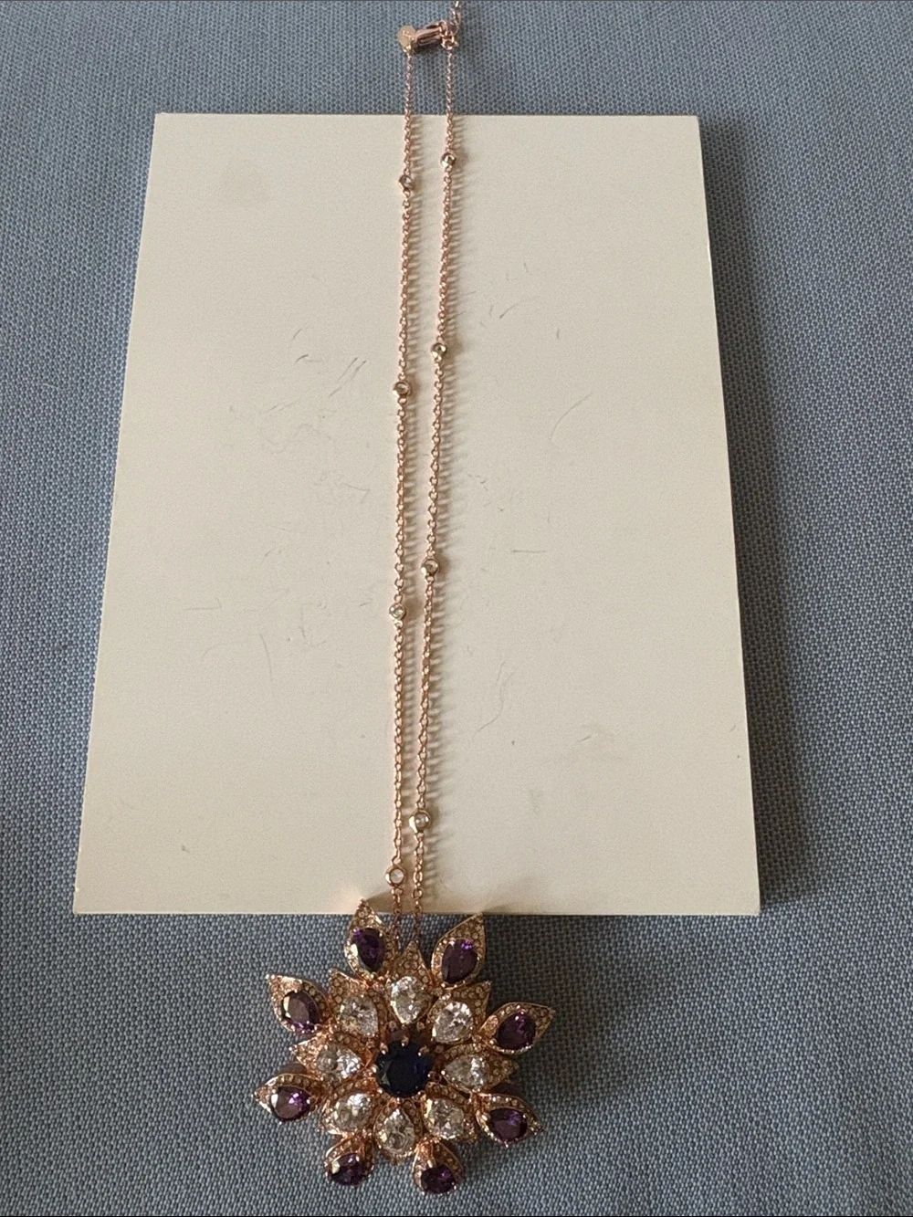 Rose Gold Floral Pendant Necklace or Brooch with Purple and Clear Stones